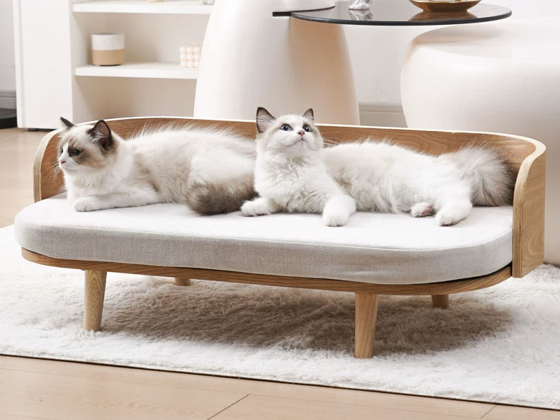 Solid Wood、Elevated/Raised Dog Bed、Removable Washable Cushion、Curved Backrest、Pet Sofa Couch、Indoor Pet Furniture、Small Medium Dog Cat Bed