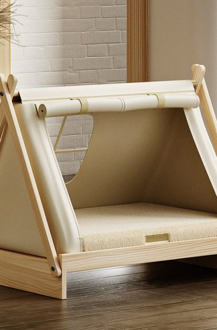 Enclosed Tent Pet Bed, Solid Wood Raised Dog Cat House for Small Pets, Cozy Secure Shelter