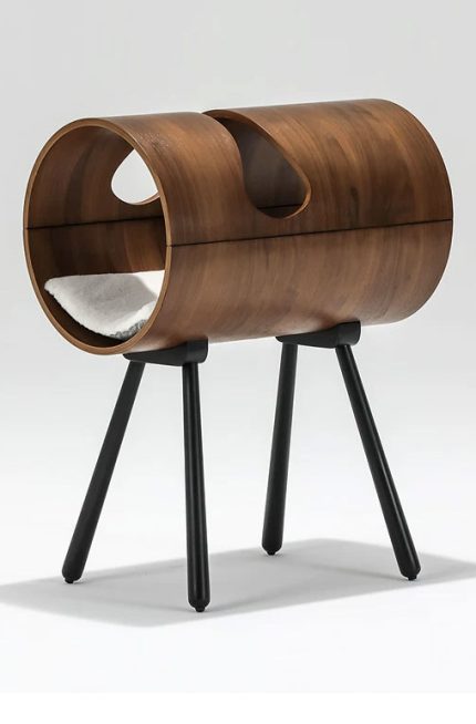 Premium Cylindrical Designer Pet Bed, Solid Wood Curved Cat Chair with Detachable Plush Cushion